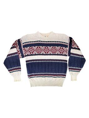 Vintage Van Heusen Men Medium Fair Isle Knit Sweater Red Blue Nordic Snowflake